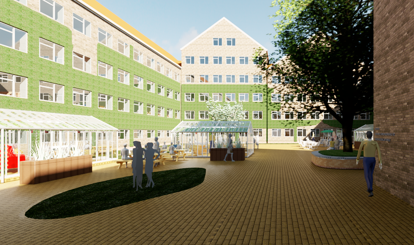 Sådan kommer udemiljøet ved Grønnegården til at se ud. Illustration: Olga Mabelenge